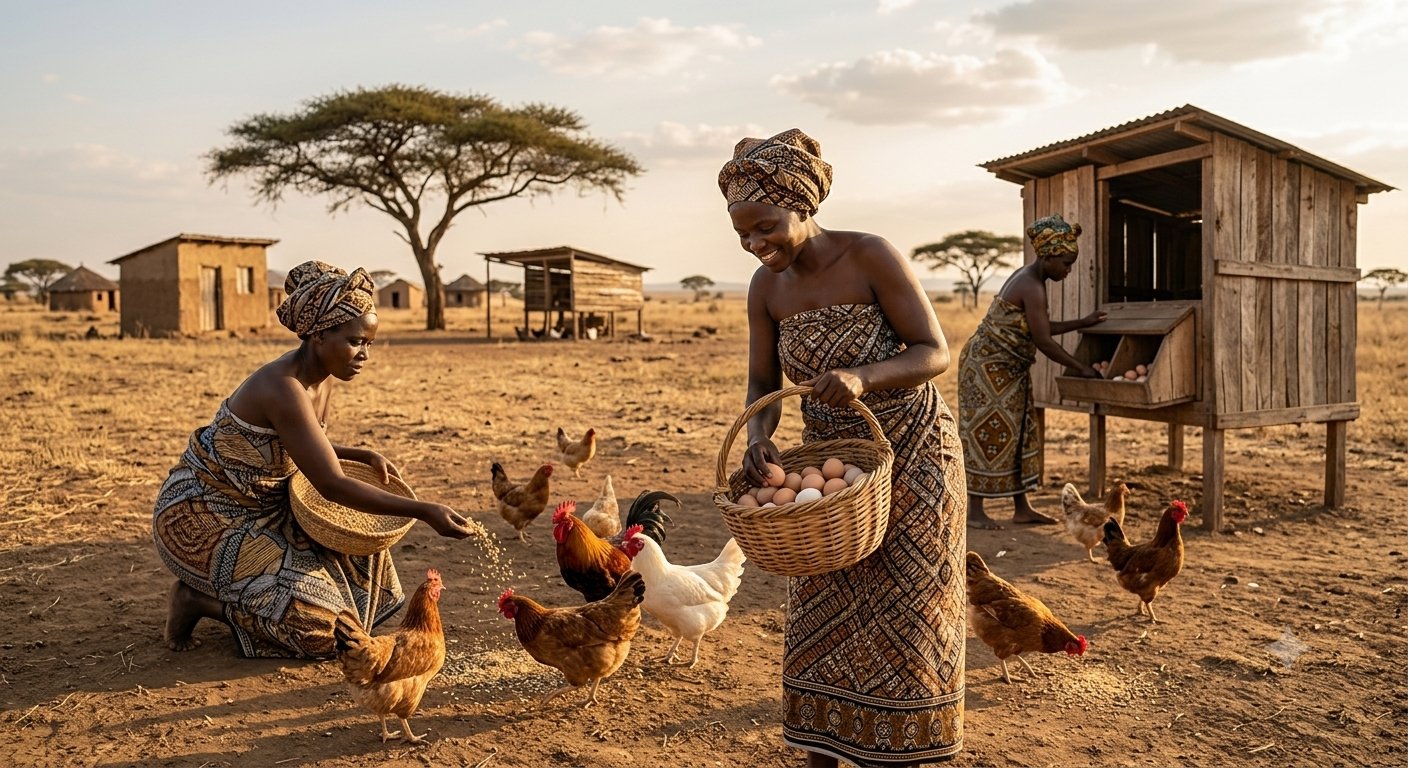 Women in a rural African community tending to poultry and farm work together at golden hour