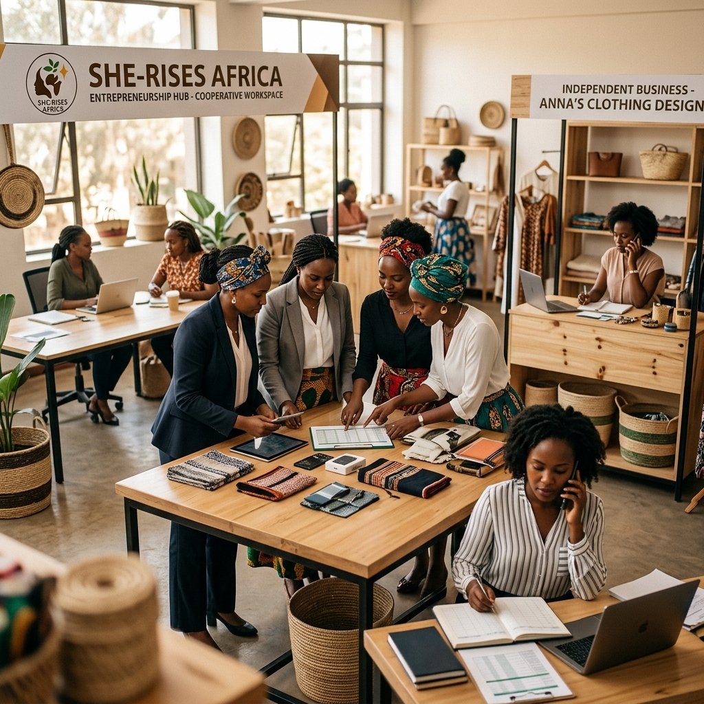 Women entrepreneurs collaborating at a She-Rises Africa cooperative workspace and entrepreneurship hub